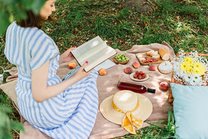 Food and wine on blanket near blurred woman reading book in park