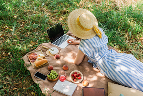 Top view of woman using laptop near smartphone, food and wine on blanket in park