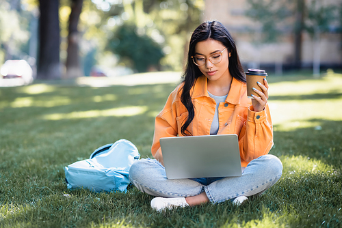 asian woman sitting on grass with coffee to go and using laptop