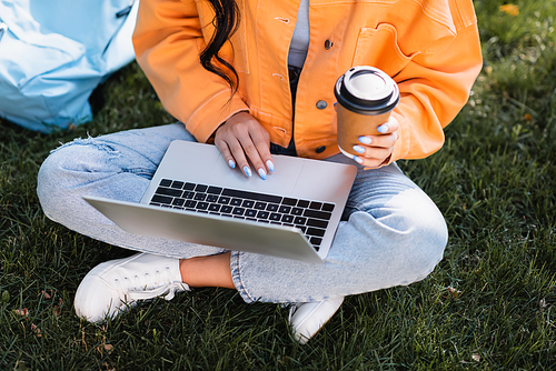 cropped view of student in orange jacket and jeans using laptop on lawn in park