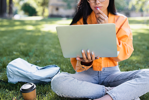 cropped view of thoughtful woman sitting on grass with laptop near paper cup