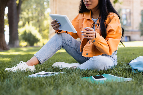 cropped view of student in orange jacket using digital tablet on grass in park