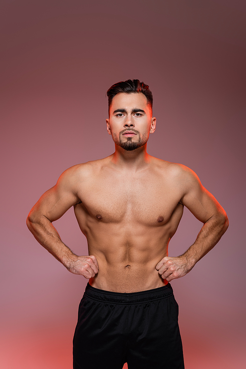 lighting on strong man with muscles posing with hands on hips on pink and grey