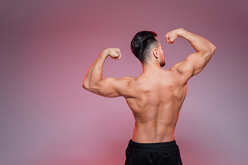 back view of shirtless sportsman showing muscles on pink and grey