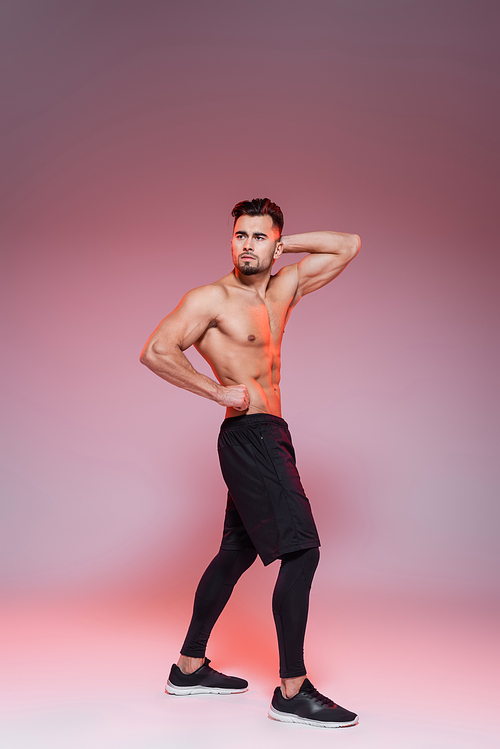 full length of shirtless sportsman posing while showing muscles on grey and pink