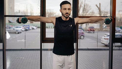 Brunette sportsman training with dumbbells in sports center