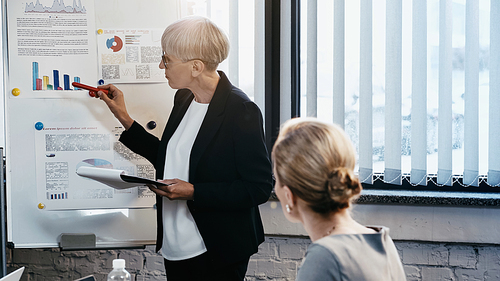 Mature businesswoman holding clipboard and pointing at flip chart near colleague in office