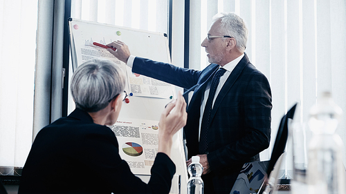 Businessman pointing at flip chart near colleague in office