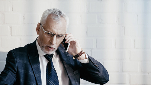 Mature businessman in eyeglasses talking on smartphone in office