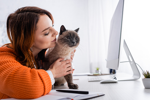 pleased freelancer embracing cat sitting on desk near computer monitor