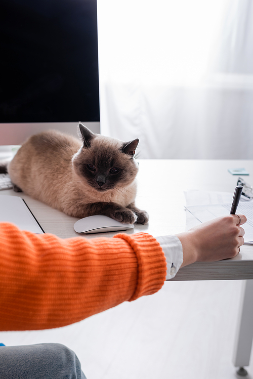 partial view of woman holding pen, and cat lying on desk near computer mouse