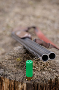 close up of rifle near shotgun shell on wooden stump