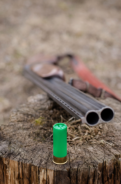 close up of rifle near shotgun shell on wooden stump