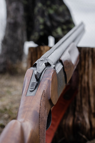 close up of military shotgun on stump with blurred background