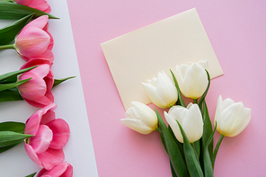 top view of blooming colorful tulips near envelope on white and pink