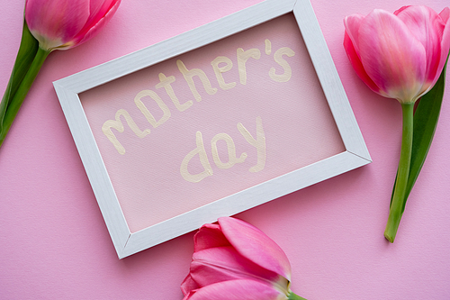 top view of greeting card with mothers day lettering in white frame near tulips on pink