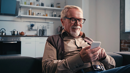 cheerful senior man in eyeglasses messaging on cellphone at home