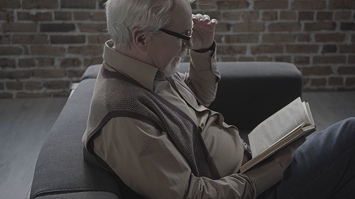 side view of senior man in eyeglasses reading book at home