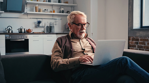 senior freelancer in eyeglasses using laptop at home