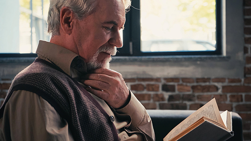 bearded retired man reading novel at home