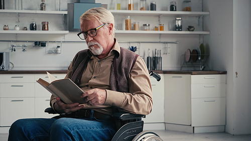 . senior man in wheelchair reading novel