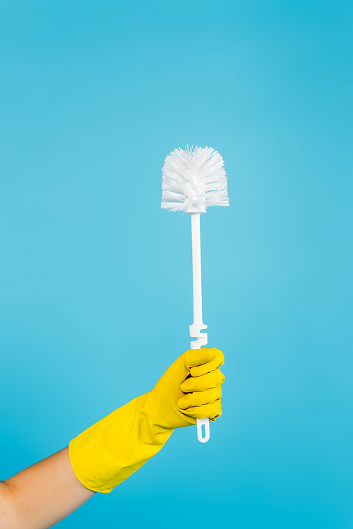 partial view of housewife in yellow rubber glove holding toilet brush isolated on blue
