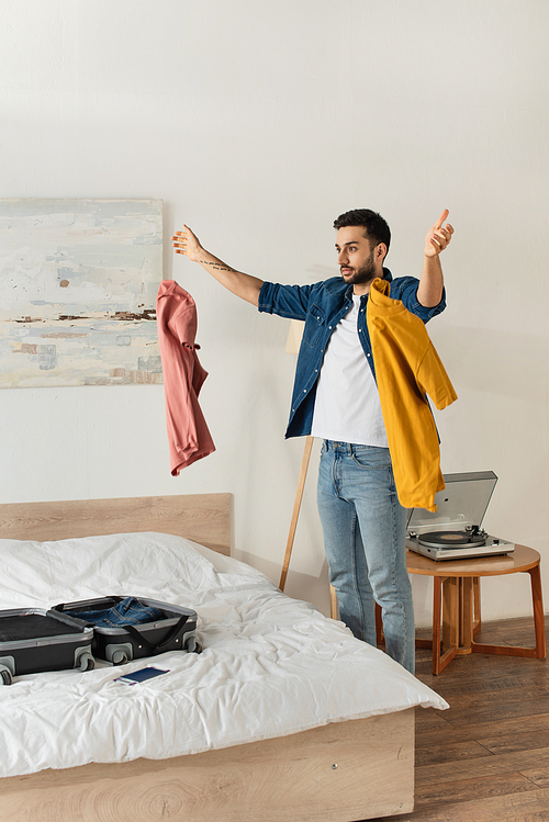 Tourist throwing clothes near suitcase in bedroom