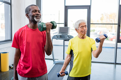 Senior interracial sportsmen working out with dumbbells in gym