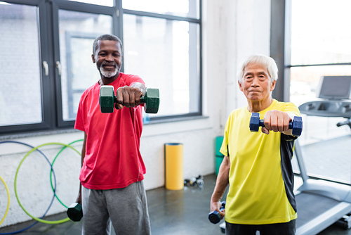 Dumbbells in hands of blurred multiethnic sportsmen exercising in gym