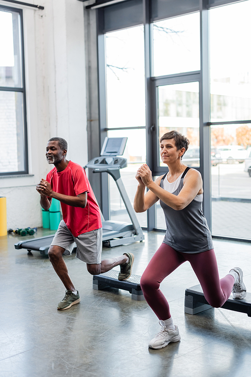 Senior woman exercising with aerobic steps near african american friend in gym