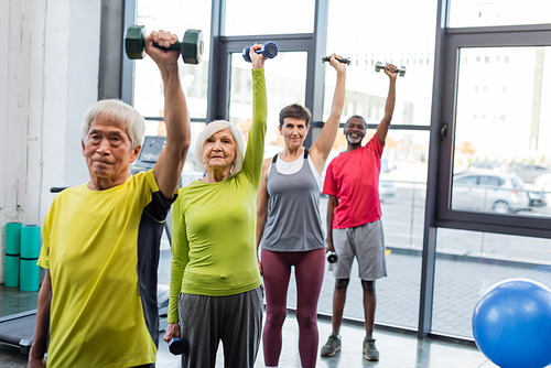 Group of interracial senior people exercising with dumbbells in sports center