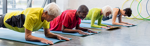 Multiethnic senior people training on fitness mats in gym, banner