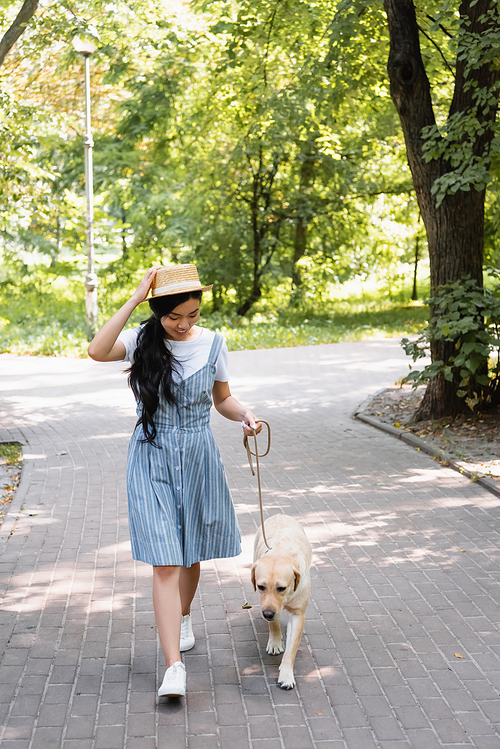 smiling asian woman touching straw hat while walking in park with yellow labrador