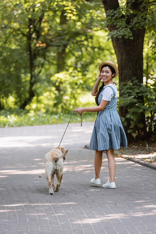 positive asian woman in striped sundress walking with dog in park and smiling at camera
