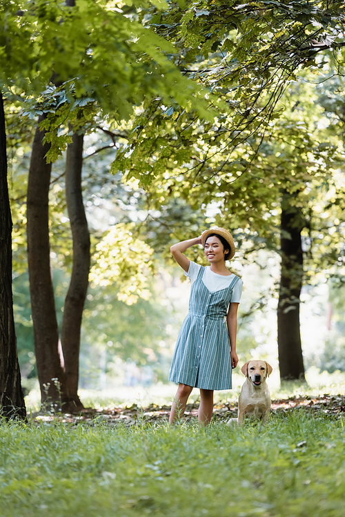 pleased asian woman touching straw hat while looking away in park near yellow labrador