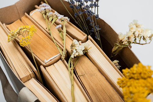 close up of dried flowers on books in shopping bag isolated on grey, top view