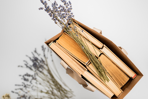 top view of shopping bag with books and lavender flowers isolated on grey