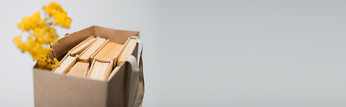 books in shopping bag and blurred yellow flowers isolated on grey, banner