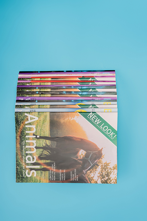 top view of colorful naturalistic magazines isolated on blue with copy space