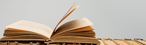 collection of paper books isolated on grey, banner