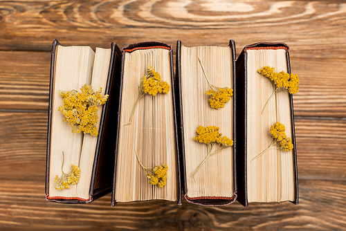 top view of books with dried yellow flowers on wooden surface