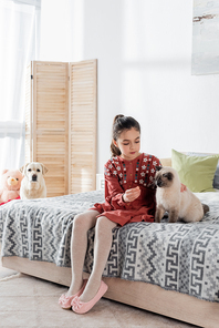 full length view of preteen girl playing with cat on bed near blurred labrador dog