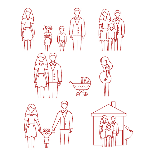 vector icons with family, pregnant woman and stroller on white background