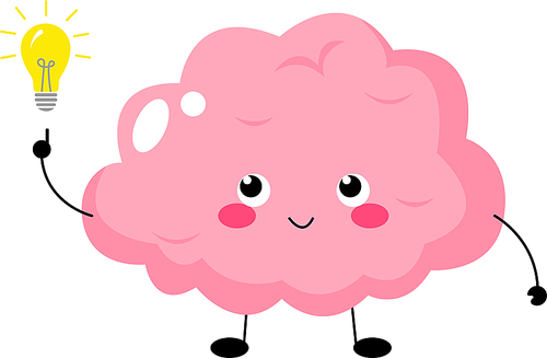 illustration of pink cartoon brain near light bulb, idea concept,stock image