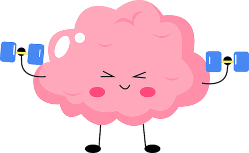 illustration of pink cartoon brain exercising with dumbbells,stock image