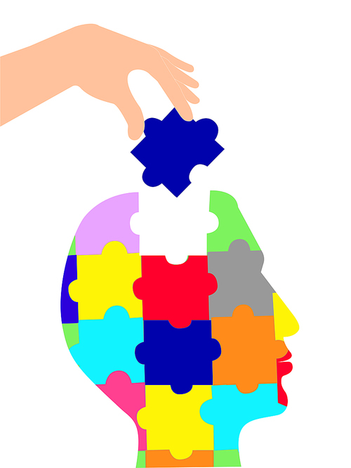 illustration of person holding jigsaw near human shape head,stock image