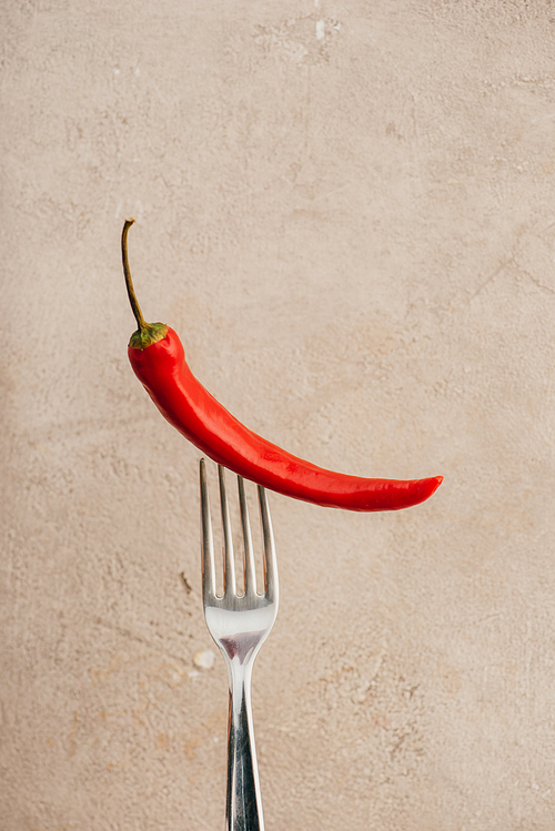 red chili pepper on fork on beige concrete background