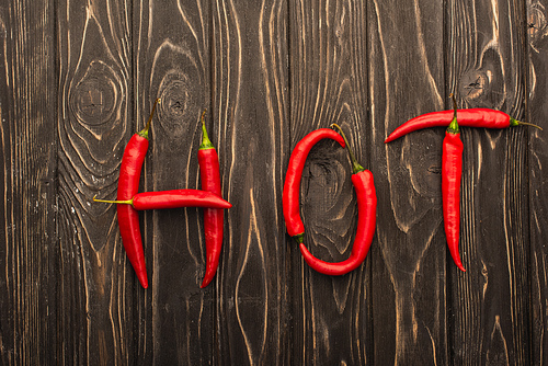 top view of word hot made of chili peppers on wooden surface