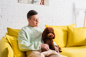 Teenager with down syndrome looking at brown poodle on couch at home