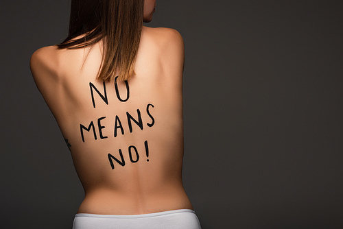 back view of cropped woman with no means no phrase written on body isolated on dark grey